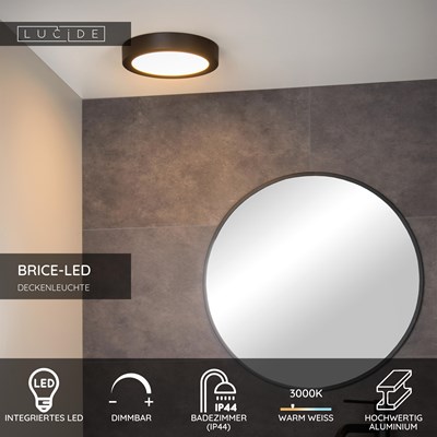 Lucide BRICE-LED - Deckenleuchte Badezimmer - Ø 24 cm - LED Dim. - 1x15W 3000K - IP44 - Schwarz